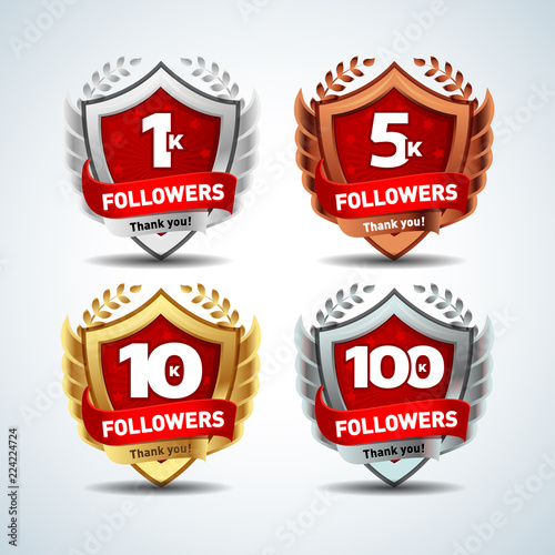 1K, 5k, 10k, 100k Followers. Silver, bronze, gold, platinum versions. Design logotype, sign template for social network and follower. Web user celebrates a large number of subscribers or followers. 