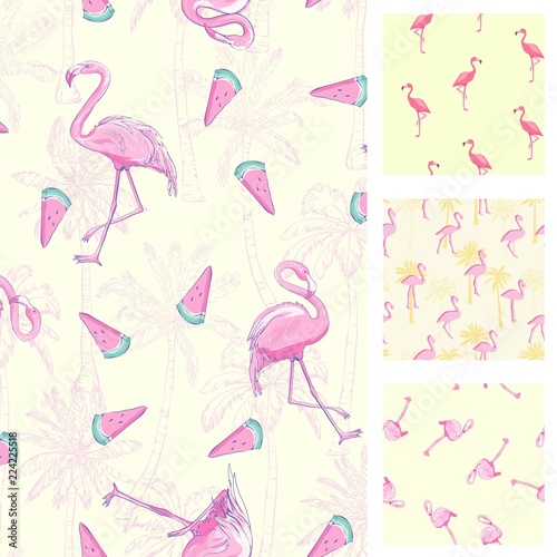 Cute set of Pink Flamingo tropical vibes seamless patterns. Vector illustration.