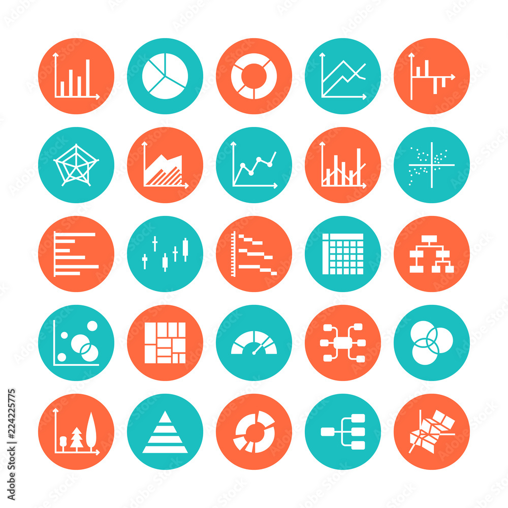 Chart types flat glyph icons. Line graph, column, pie donut diagram, financial report illustrations, infographic. Signs for business statistic, data analysis. Solid silhouette pixel perfect 64x64.