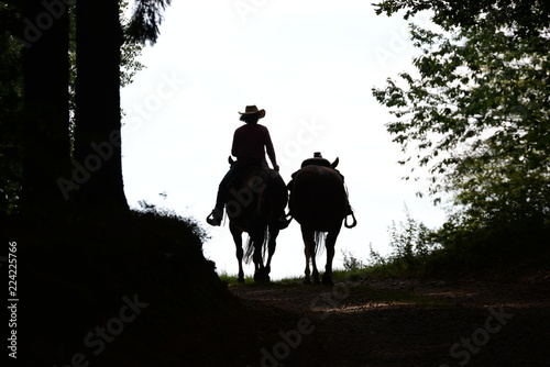 Riding home. Sihouettes of a cowgirl with two horses photo