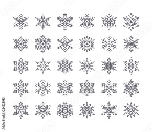 Cute snowflakes collection isolated on white background. Flat line snow icons, snow flakes silhouette. Nice element for christmas banner, cards. New year ornament.