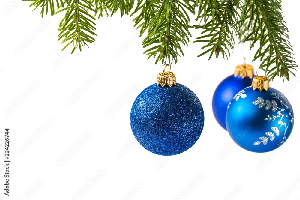 Blue Baubles Hanging on Fir Tree Blue Baubles Hanging on Fir Tree