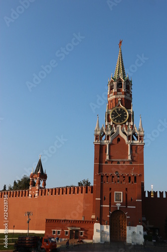 View to Spasskaya tower and walls of Moscow kremlin, Russia