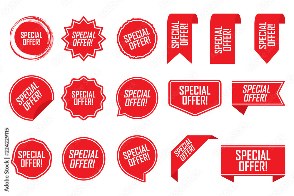Special offer tag set in red. Vector illustration - obrazy, fototapety, plakaty 