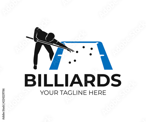 Pool billiards, human next to blue table with snooker cues and balls, logo design. Billiards sport game and tournament with player, vector design and illustration