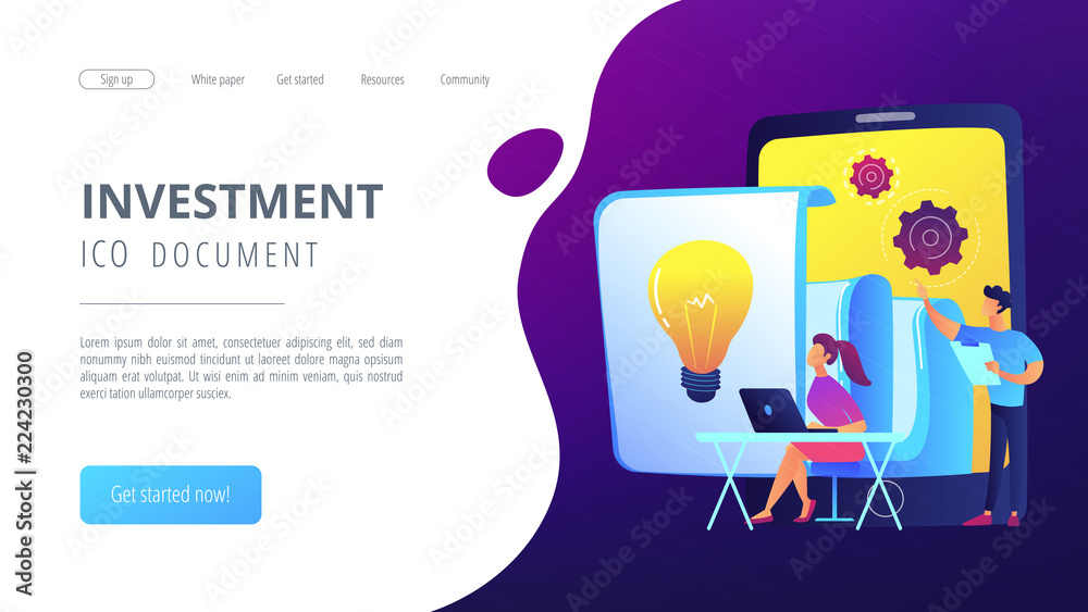 Tablet with loudspeaker and team working on white paper. ICO investment document, startup business strategy, product development plan concept, violet palette. Website landing web page.
