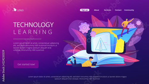 User with book and tablet watching himself flying on paper plane in augmented reality. Virtual reality learning technology, enertainment app concept, violet palette. Website landing web page.