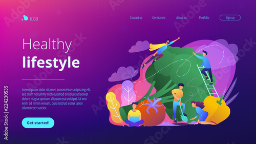 People taking care of vegetables. Healthy lifestyle landing page. Vegetarianism, vegetarian diet, meat abstaining, veggie recipe, eco friendly. Vector illustration on ultraviolet background.
