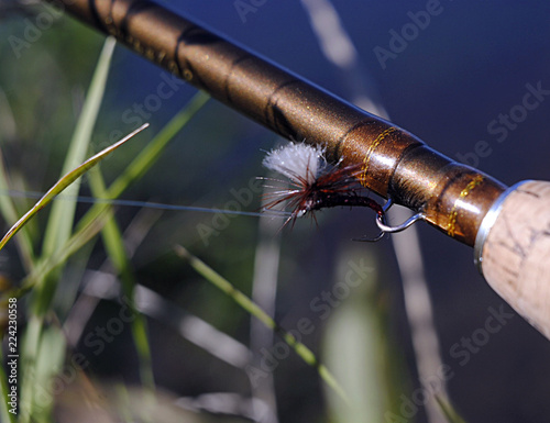 fly parachute for trout fishing on a fishing rod