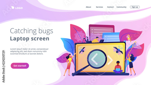 People catching bugs on the laptop screen with angle brackets. IT software application testing, quality assurance, QA team and bug fixing concept. Violet palette. Website landing web page template.