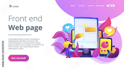 People drawing web page elements on the smartphone and LCD screen. Front end development it concept. Software development process. Violet palette. Website landing web page template.