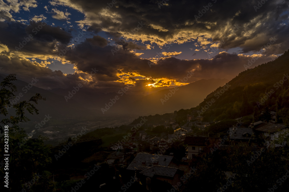 Sunset on italian Alps Mountain. Colorfull sky
