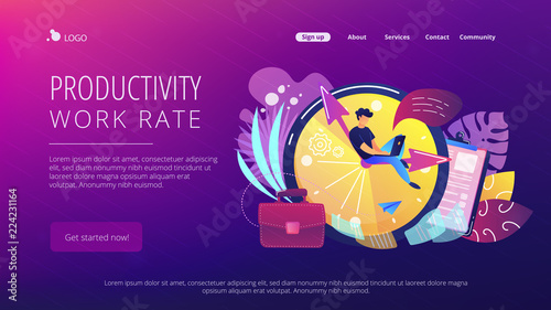 A freelance developer sitting on the clock hands with a laptop. Time management, productivity, efficiency, work rate, perfomance concept, violet palette. Website landing web page template.