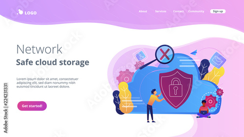 Man holding security shield and developer using laptop. Data and applications protection, network and information security, safe cloud storage concept, violet palette. Website landing web page