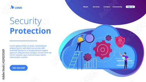 Two developers looking at the gears on the cloud. Digital data storage, database securiry, data protection, cloud technology concept, violet palette. Vector illustration isolated on white background.