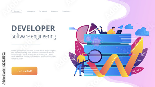 Developer with magnifying glass working with big data and zigzag arrow. Digital analytics tools, data storage and software engineering concept, violet palette. Website landing web page template.