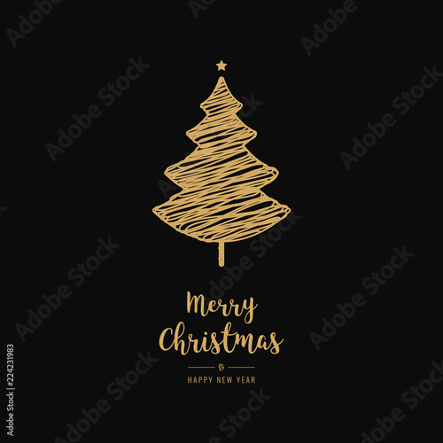 Golden christmas tree scribble drawing greetings black background
