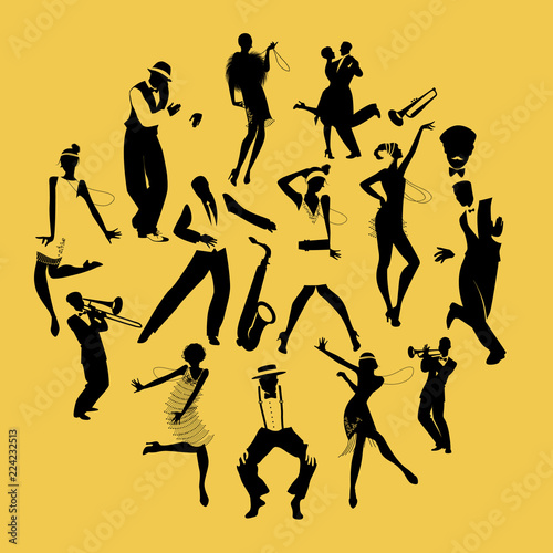 Silhouettes of dancers dancing Charleston and jazz musicians