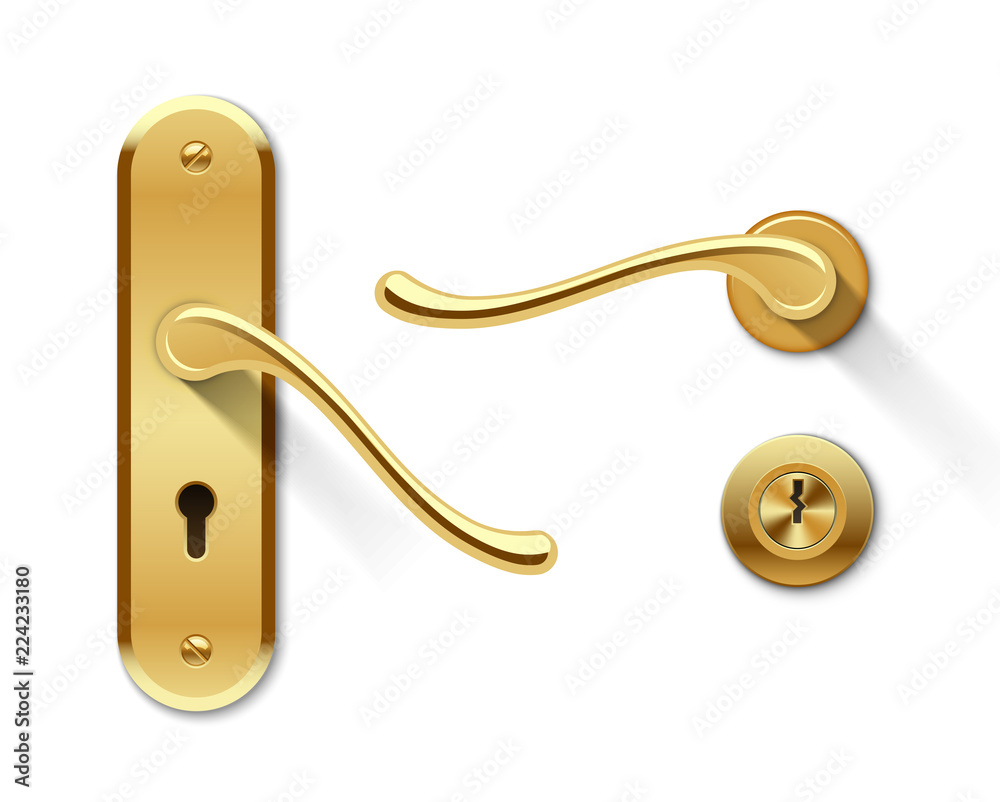 Metal door handles and door lock - obrazy, fototapety, plakaty 