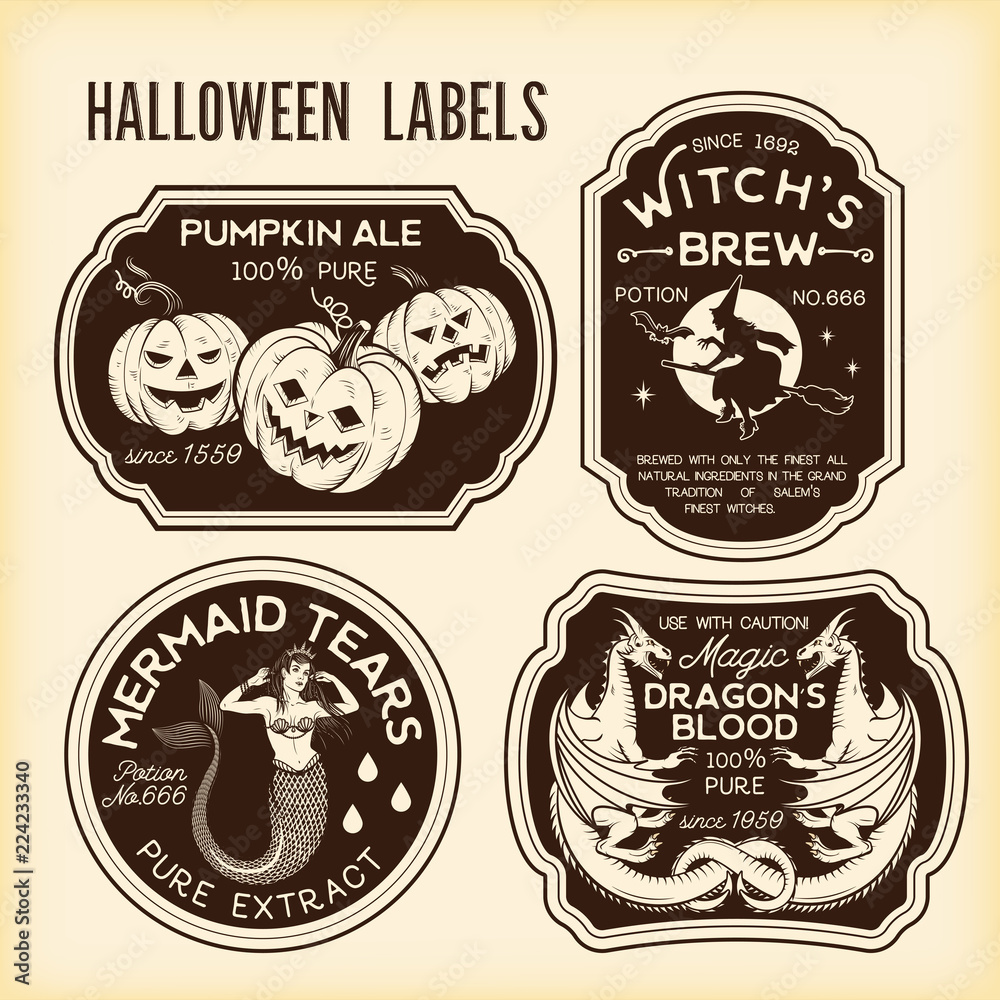 Fototapeta premium Halloween Bottle Labels Potion Labels. Vector Illustration.