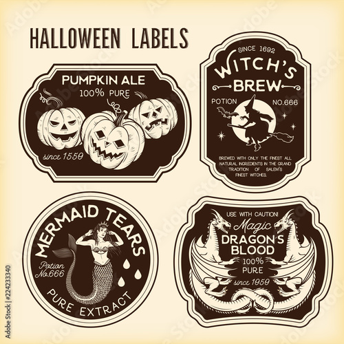 Halloween Bottle Labels Potion Labels. Vector Illustration.