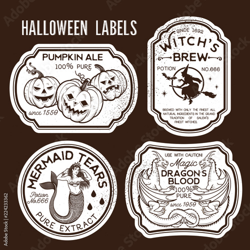 Halloween Bottle Labels Potion Labels. Vector Illustration.
