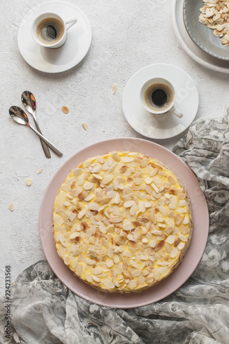 Homemade swedish almond cake, fluffy egg whites in the base and rich egg yolks in the custard topping. gluten free