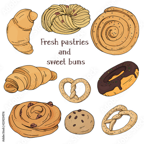 Set with sweet pastries on white background. Buns, croissants, pretzels, donuts, raisin puffs. Vector illustration in sketch style.