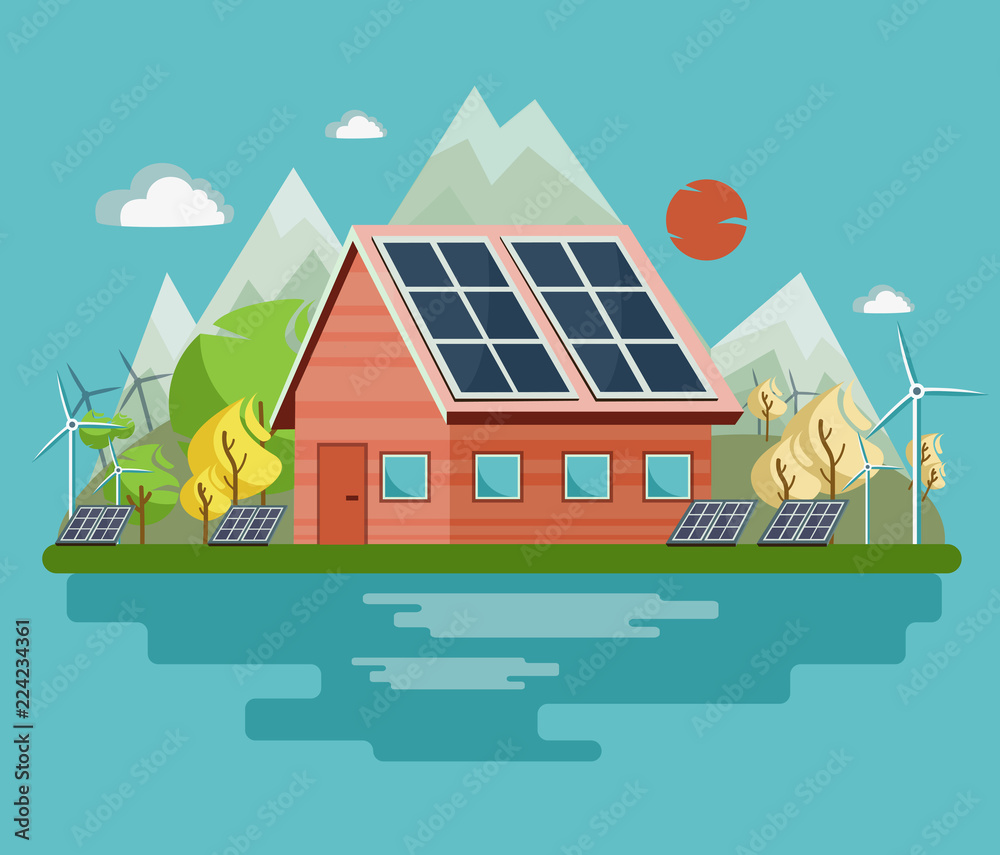 Wind turbines and solar panels produce electricity for the city. Vector illustration.