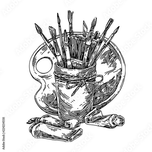 Painting. Palette, set of brushes and tubes with paint. Sketch. Engraving style. Vector illustration.
