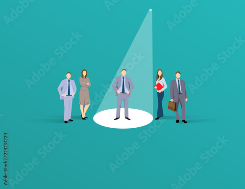 Business recruitment or hiring vector concept. Looking for talent. Business man standing in spotlight or searchlight looking for new career opportunities. Eps10 vector illustration.