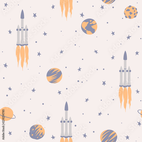Space seamless pattern with rockets, planets and stars