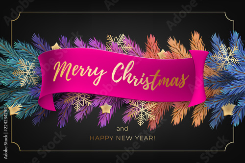 Holiday's Background for Merry Christmas greeting card with a realistic colorful garland of pine tree branches, decorated with Christmas lights, gold stars, snowflakes