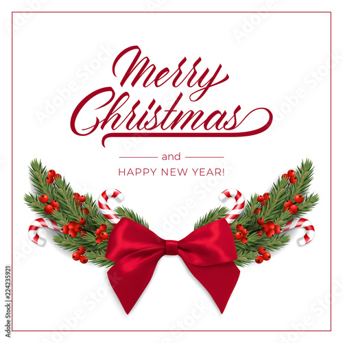 Holiday's Background for Merry Christmas greeting card with a realistic green garland of pine tree branches, decorated with Christmas candy, snowflakes, red berries