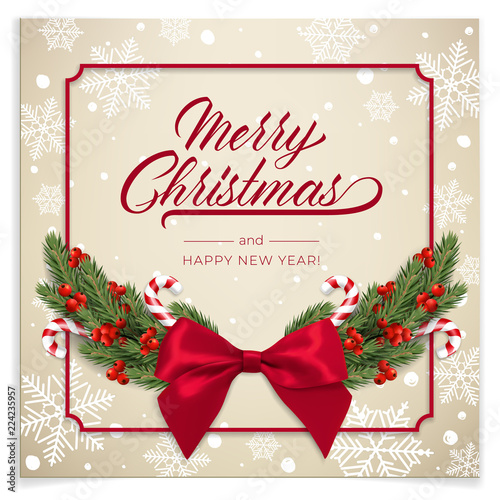 Holiday's Background for Merry Christmas greeting card with a realistic green garland of pine tree branches, decorated with Christmas candy, snowflakes, red berries