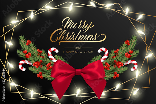 Holiday's Background for Merry Christmas greeting card with a realistic green garland of pine tree branches, decorated with Christmas lights, Christmas candy, snowflakes, red berries