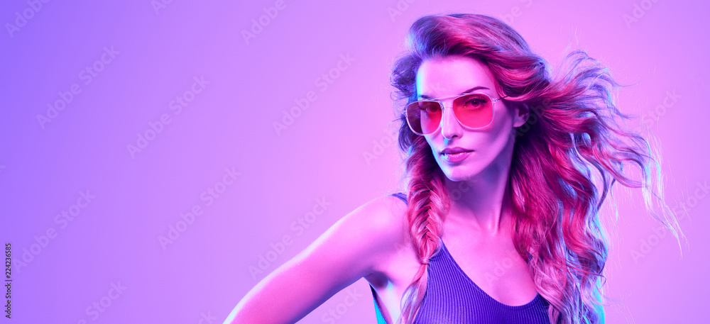 Fashion neon light. Party Girl, glowing Hairstyle