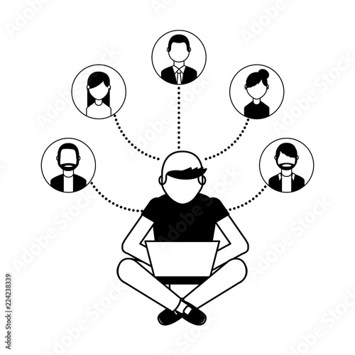 man using laptop connection group people
