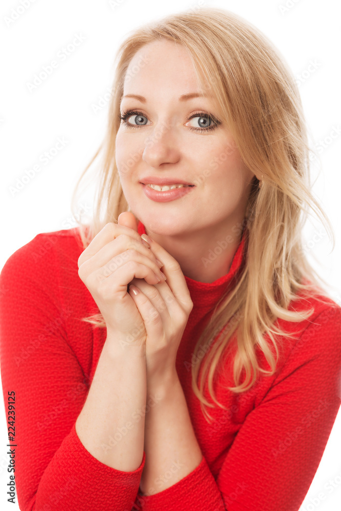Beautiful woman with cute face expression, close-up, isolated on white background Beautiful woman with cute face expression, close-up, isolated on white background