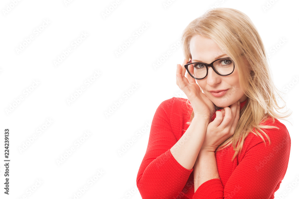 Beautiful woman in glasses smiles, close-up, isolated on white background Beautiful woman in glasses smiles, close-up, isolated on white background