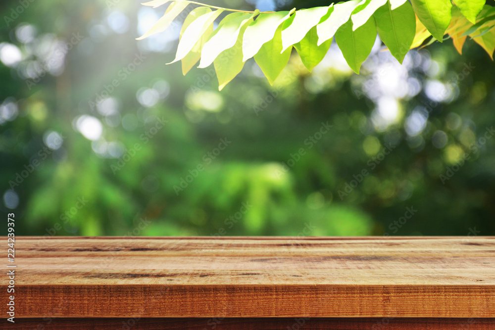 Wooden table and blurred green garden background. Wooden table and blurred green garden background.