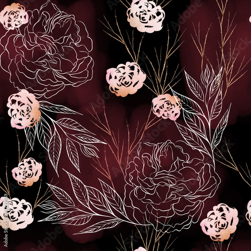 Beautiful watercolor pattern with rose flowers, peony and eucalyptus leaves.