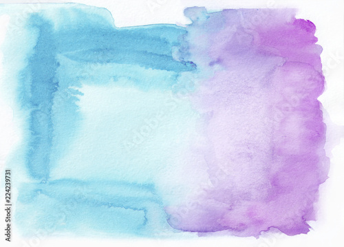Orchid (purple) and cyan (deep sky blue) mixed watercolor horizontal gradient background. It's useful for greeting cards, valentines, letters. Abstract art style handicraft pattern