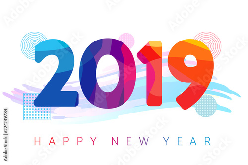 2019 Happy new year futuristic colored greeting card. 2019 New Year on the background of a colorful brushstroke and futuristic design element. Vector illustration