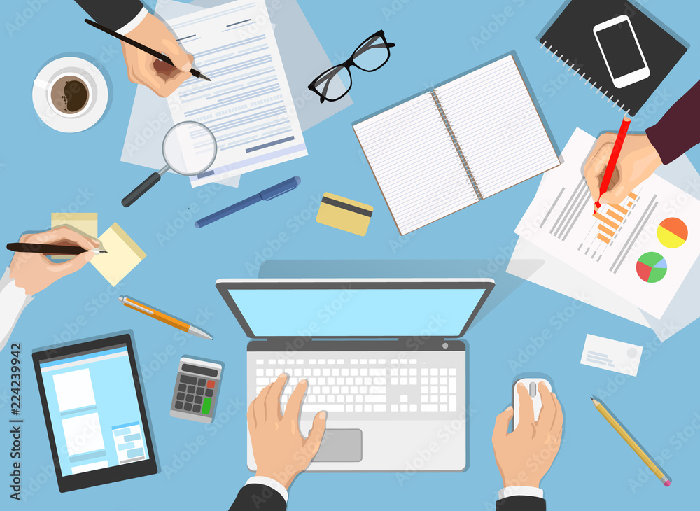 Vector flat illustration of business workplace with group of people working on project - coworking, teamwork, meeting Vector flat illustration of business workplace with group of people working on project - coworking, teamwork, meeting