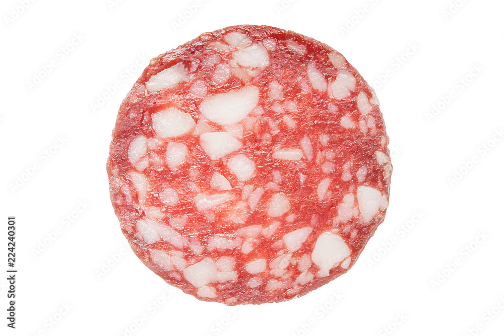 thin salami sausage slice texture isolated on white background top view macro detail thin salami sausage slice texture isolated on white background top view macro detail