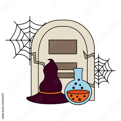 halloween tomb with poison and witch hat