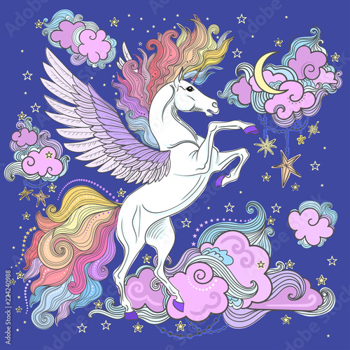 A beautiful unicorn among the clouds and stars. hand-drawn. Vector