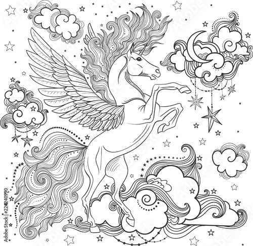 Dekoracja na wymiar  a-beautiful-unicorn-among-the-clouds-hand-drawn-black-and-white-for-coloring-vector