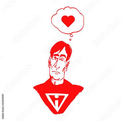 incredible superhero, think of love with heart in a thought bubble. hand drawn, vector drawing, lovesick, love, red, incredible love